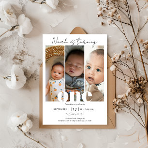 Simple Minimalist 1st Birthday Photo Collage Invitation