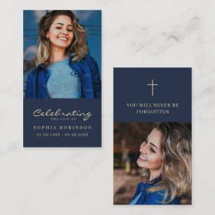 Simple Minimalist 2 Photo Funeral Blue Prayer Card