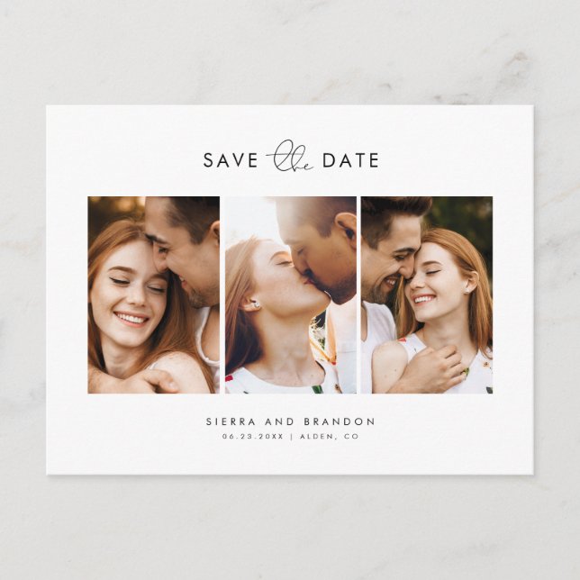 Simple Minimalist 3 Photo Collage Save the Date Announcement Postcard (Front)
