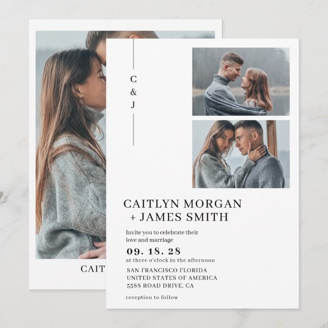 Simple Minimalist 3 Photo Monogram Wedding Invitation (Front/Back)