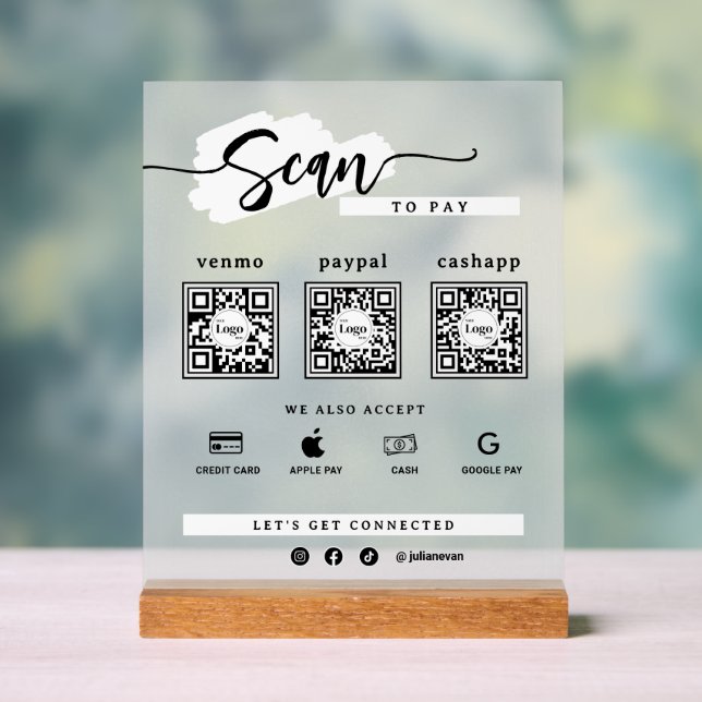 Simple Minimalist 3 Qr Code Scan To Pay Frosted Acrylic Sign (Neutral)
