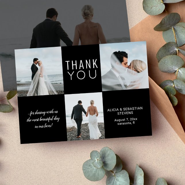 Simple minimalist 4 photo collage black wedding thank you card (Creator Uploaded)