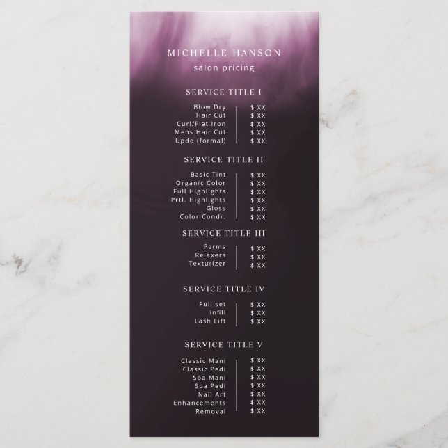 Simple Minimalist Abstract Pink Purple Price List Menu (Front)