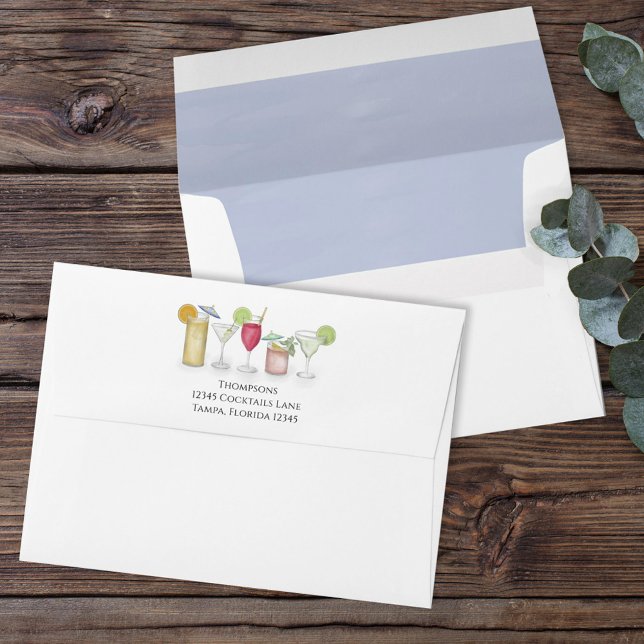 Simple Minimalist Basic Blue Watercolor Cocktails Envelope (Cute custom envelope with watercolor cocktail drinks.)