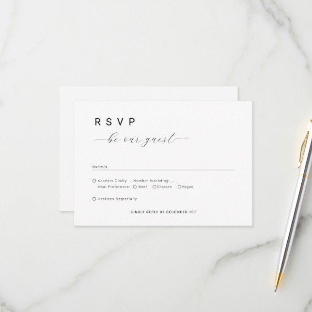 Simple Minimalist Be our guest Wedding Script  RSVP Card (Front/Back In Situ)
