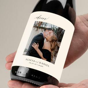 Simple minimalist black and ivory wedding photo wine label