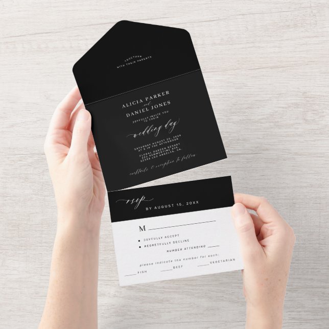 Simple minimalist black and white elegant wedding all in one invitation (Tearaway)