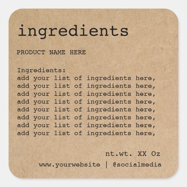 Simple Minimalist Black and White Ingredient List  Square Sticker (Front)