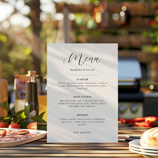 Simple Minimalist Black and White Wedding Menu (simple modern minimalist black and white wedding menu elegant stylish script)