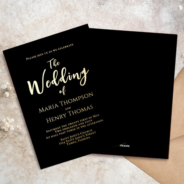 Simple Minimalist Black Script Calligraphy (Elegant minimalist black calligraphy foil wedding invitation with modern script typography design.)