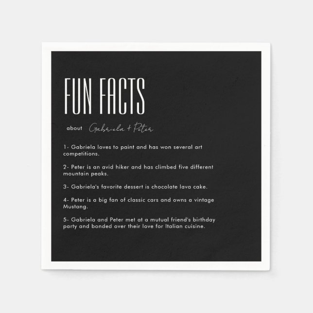 Simple Minimalist Black & White Fun Facts Wedding Napkin (Front)