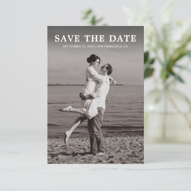 Simple Minimalist Black & White Photo Wedding Save The Date (Standing Front)