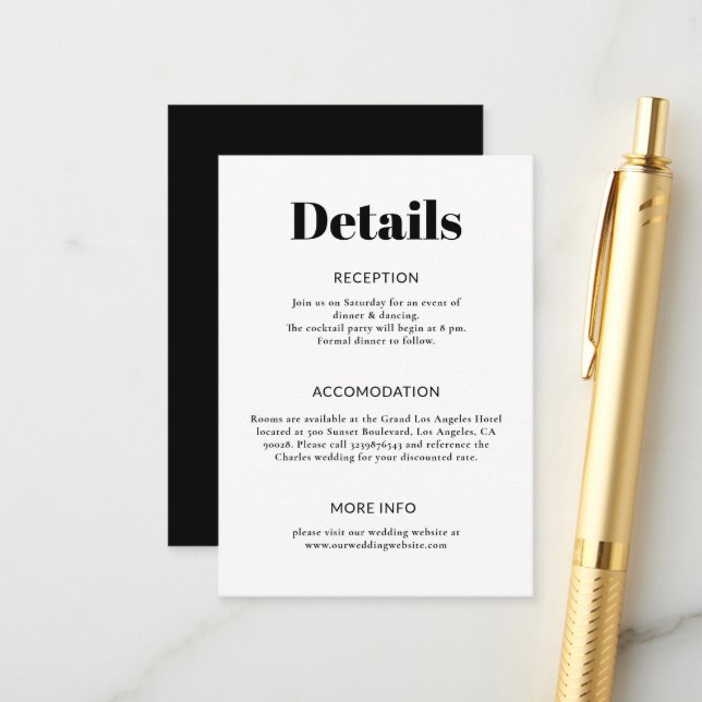 Simple Minimalist Black & White Wedding Enclosure Card (Front/Back In Situ)