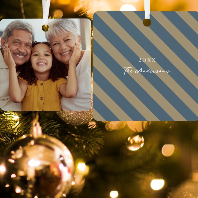 Simple Minimalist Blue and Beige Family Photo Metal Ornament (Creator Uploaded)