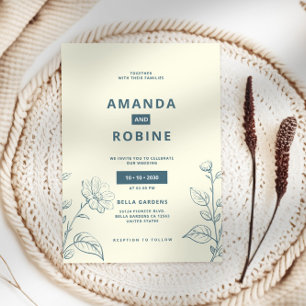 Simple Minimalist Blue Floral Wedding Invitation