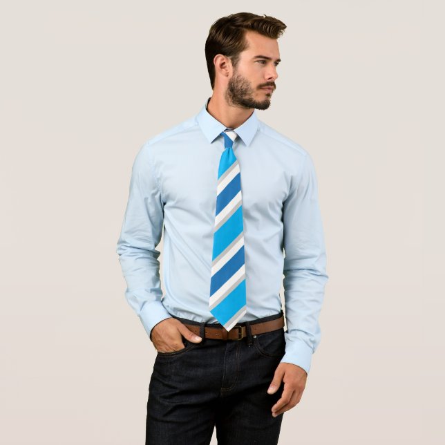 Simple Minimalist Blue White Grey Stripes Tie (In Situ)