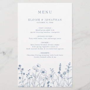 Simple Minimalist Blue Wildflower Wedding Menu