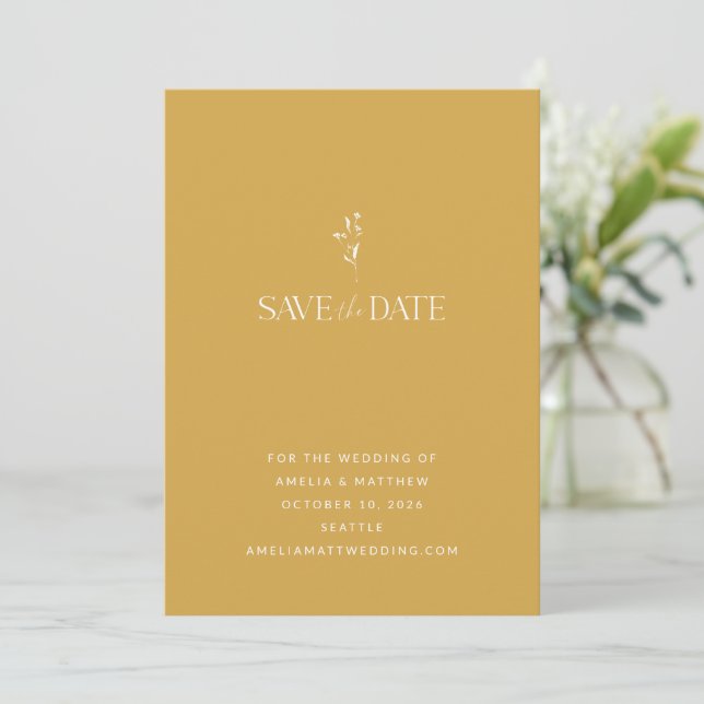 Simple Minimalist Botanical Dusty Yellow Wedding Save The Date (Standing Front)