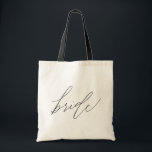 Simple Minimalist Bride Calligraphy Script Tote Bag<br><div class="desc">This stylish and trendy tote bag features "bride" in a modern hand-lettered styled script. Perfect to give as a gift to the bride-to-be as an engagement gift so that she can use it during wedding planning or for her to use on her getaway bachelorette party. Fill it with goodies like...</div>