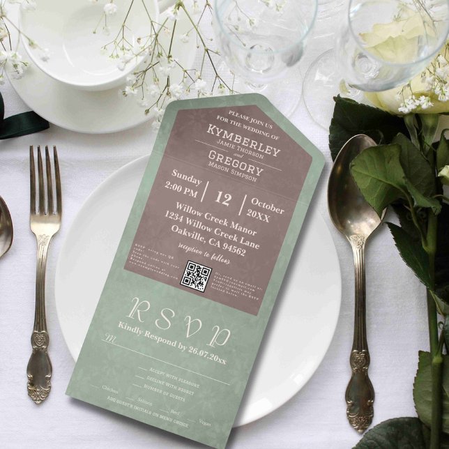 Simple Minimalist Brown Sage Green QR Code  All In One Invitation (Creator Uploaded)