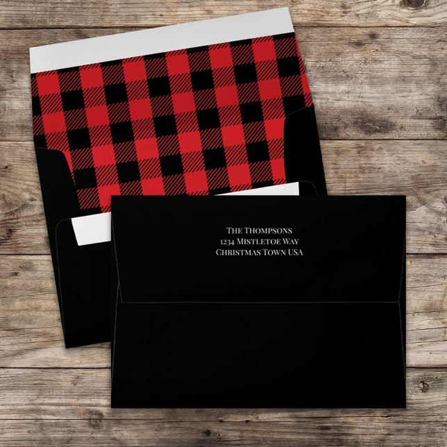 Simple Minimalist Buffalo Check Return Address  Envelope (Simple red buffalo check patterned envelope with return address printed on the backside. )