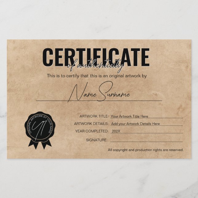 Simple Minimalist Certificate of Authenticity  (Front)