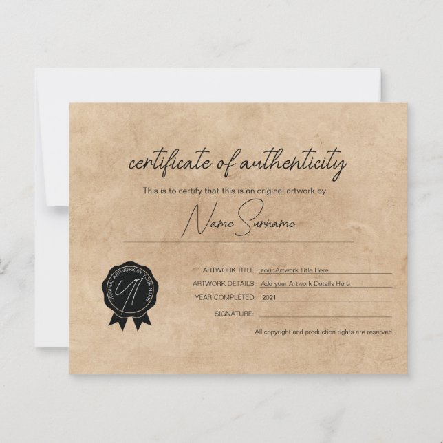 Simple Minimalist Certificate of Authenticity  (Front)