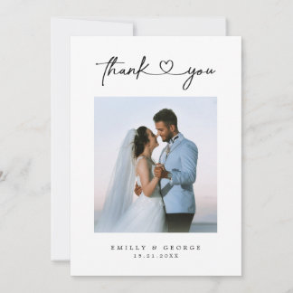 Simple Minimalist Chic Script Heart Wedding Photo Thank You Card