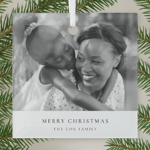 Simple Minimalist Chirstmas Black and White Photo Glass Ornament