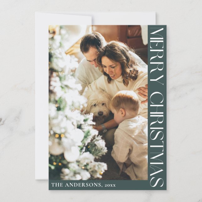 Simple Minimalist Christmas Green Photo Holiday Card (Front)