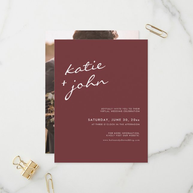 Simple Minimalist Cinnamon Rose Virtual Wedding Invitation Postcard (Front/Back In Situ)