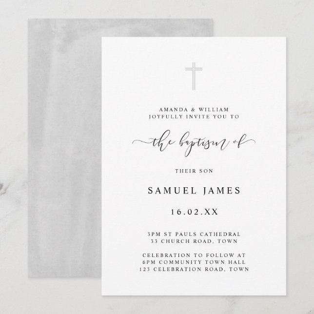 Simple Minimalist Classic Watercolor Grey Baptism Invitation (Front/Back)
