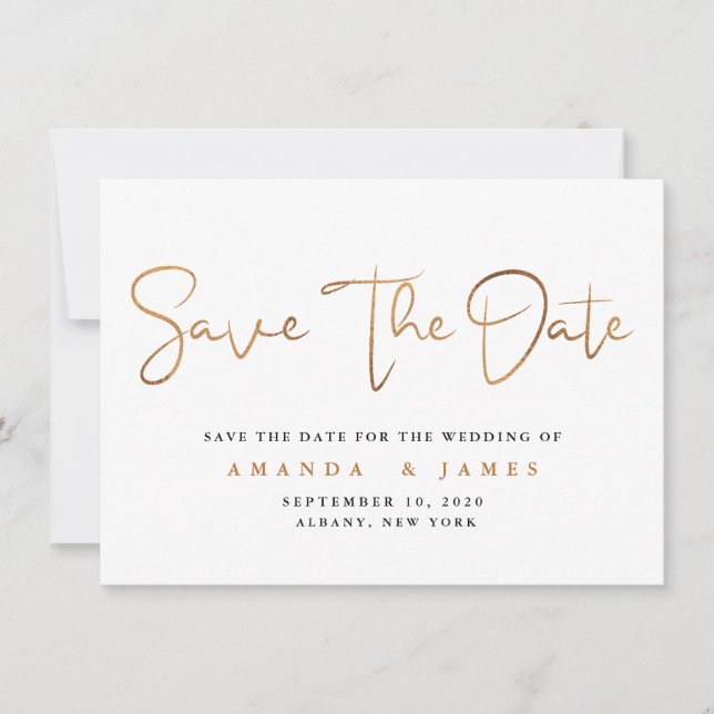 Simple Minimalist Cooper Gold Script Save The Date (Front)