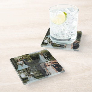 Simple Minimalist Couple Photo Collage Wedding Glass Coaster