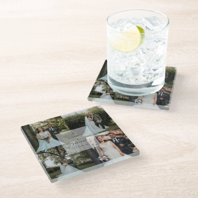 Simple Minimalist Couple Photo Collage Wedding Glass Coaster (Angled)