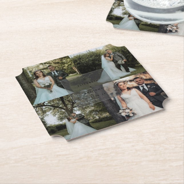 Simple Minimalist Couple Photo Collage Wedding Paper Coaster (Angled)