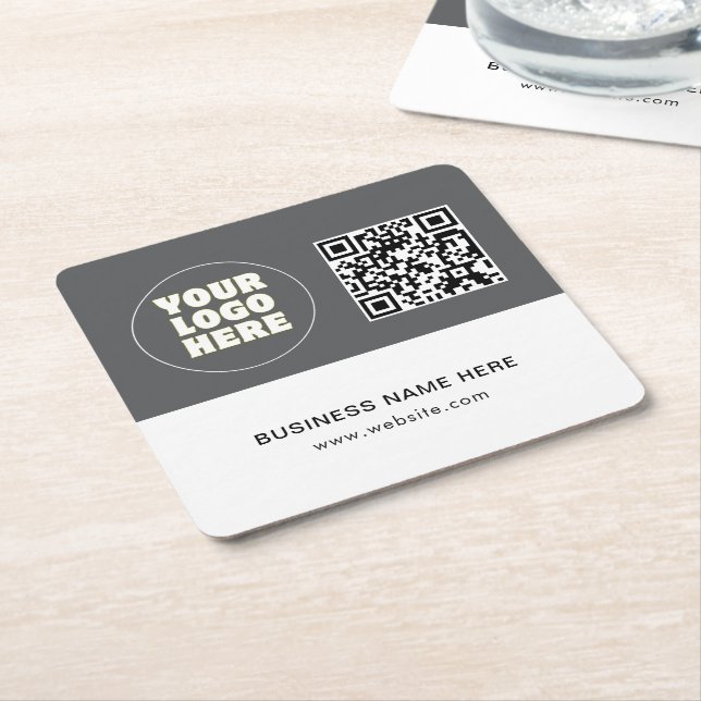 Simple Minimalist Custom Logo Text & QR Code Square Paper Coaster (Angled)