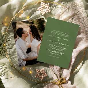 Simple Minimalist Dark Sage Photo Wedding Invitation