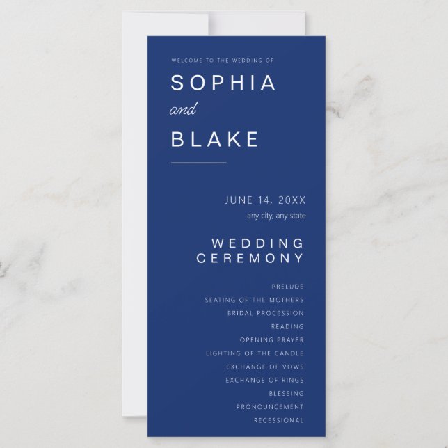 Simple Minimalist Dark Sapphire Wedding Program (Front)