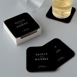 Simple minimalist elegant black wedding square paper coaster<br><div class="desc">Elegant simple minimal black and white wedding paper coaster favour decor featuring a classy stylish chic trendy calligraphy script. Easy to personalize with your details! Suitable for formal black tie neutral weddings. Please note that the background colour can be changed to match your wedding colour scheme. You can change it...</div>