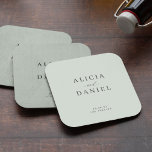 Simple minimalist elegant sage green wedding square paper coaster<br><div class="desc">Elegant simple minimal sage green wedding paper coaster favour decor featuring a classy stylish chic trendy calligraphy script. Easy to personalize with your details! Suitable for green forest destination weddings. Please note that the background colour can be changed to match your wedding colour scheme. You can change it after selecting...</div>