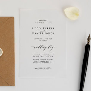 Simple minimalist elegant script clear wedding acrylic invitations