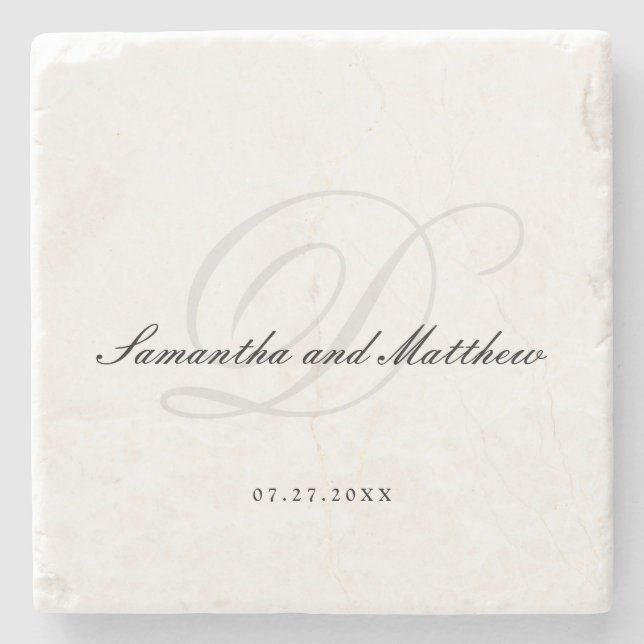 Simple Minimalist Elegant Script Wedding Monogram Stone Coaster (Front)