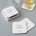 Simple minimalist elegant wedding square paper coaster<br><div class="desc">Elegant simple minimal black and white wedding paper coaster favour decor featuring a classy stylish chic trendy calligraphy script. Easy to personalize with your details! Suitable for formal black tie neutral weddings. Please note that the background colour can be changed to match your wedding colour scheme. You can change it...</div>