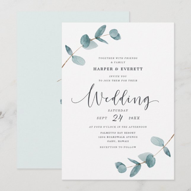 Simple Minimalist Eucalyptus Frame Script Wedding Invitation (Front/Back)