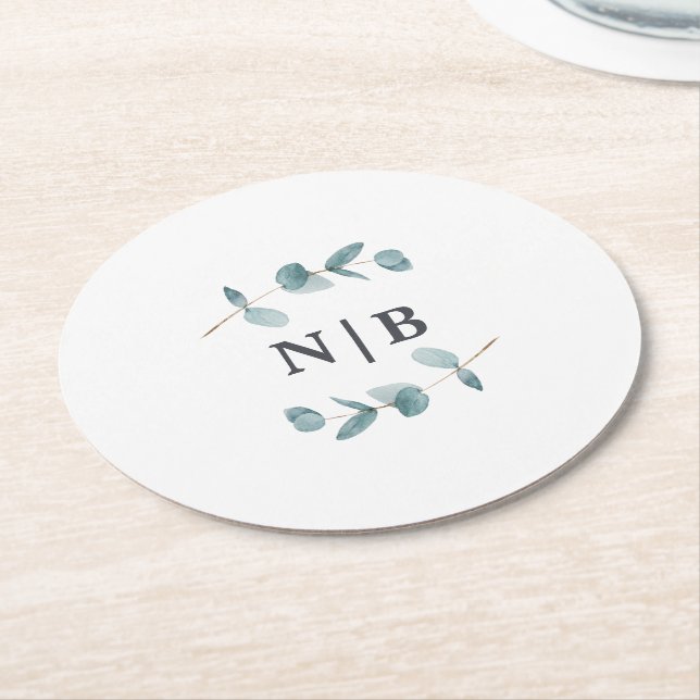 Simple Minimalist Eucalyptus Wedding Monogrammed Round Paper Coaster (Angled)