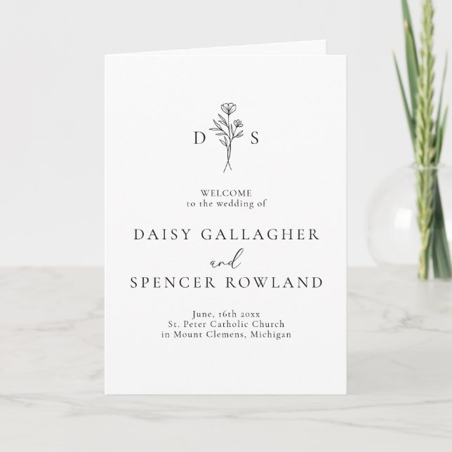 Simple Minimalist Floral Monogram Folded Wedding Program (Front)