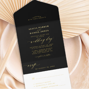 Simple minimalist gold black foil wedding  all in one invitation
