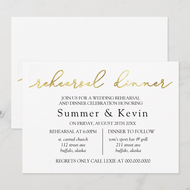 Simple Minimalist Gold Foil Rehearsal Dinner Invitation (Front/Back)