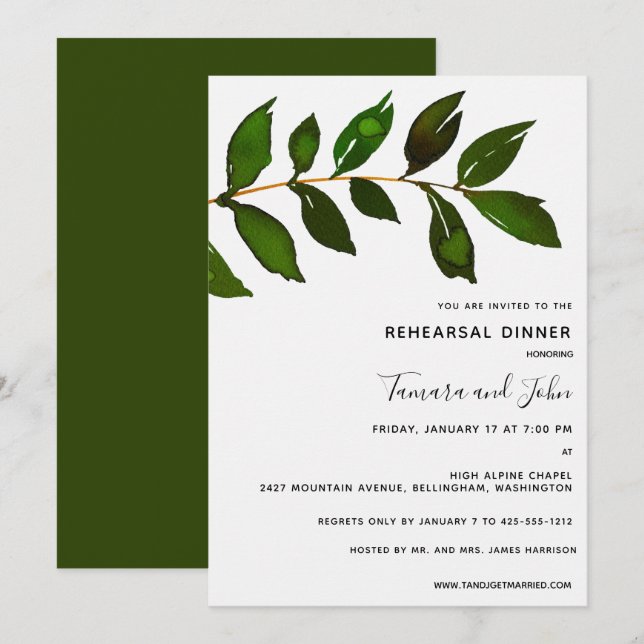 Simple Minimalist Greenery Leaf Rehearsal Dinner Invitation (Front/Back)